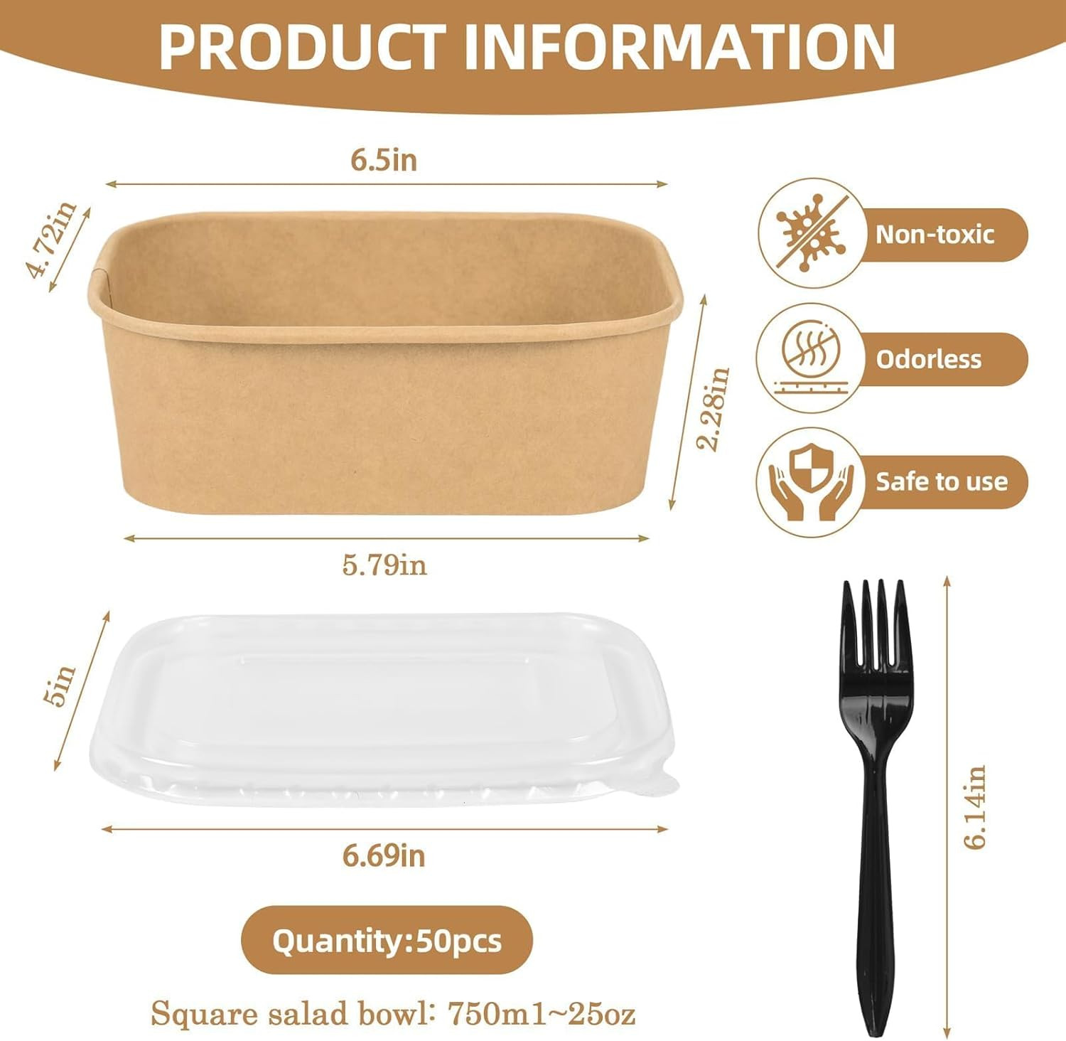 50 Pack Disposable Meal Prep Containers, 25oz Disposable Large Paper Bowls with