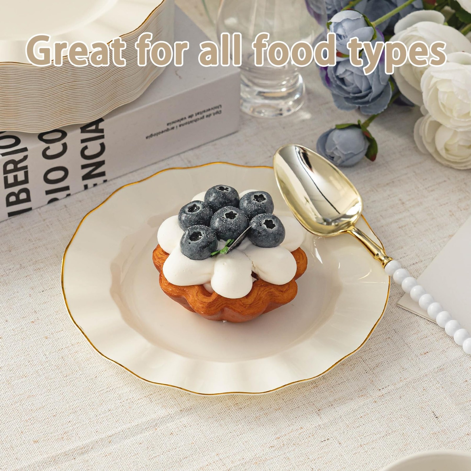 100 Pack Ivory Plastic Plates with Gold Rim, 7in Disposable Wave Edge Dessert…