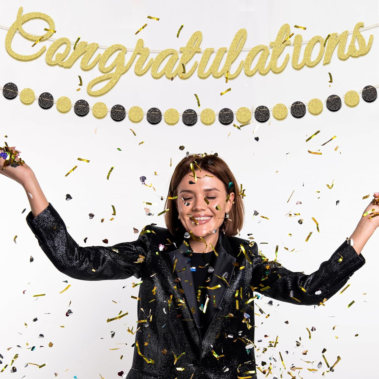 Gold Glitter Congratulations Banner with Black and Gold Circle Garland – Pre-Str