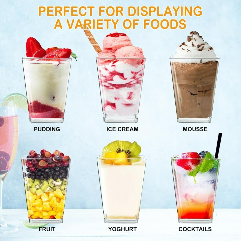 Clear Plastic Dessert Cups with Lids and Spoons 5oz Square Parfait Yogurt Party