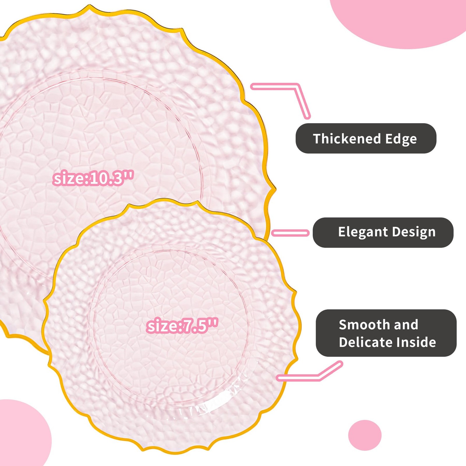 N9R 120 Clear and Pink Plastic Plates with Gold Rim, Stone Texture, Include 1…