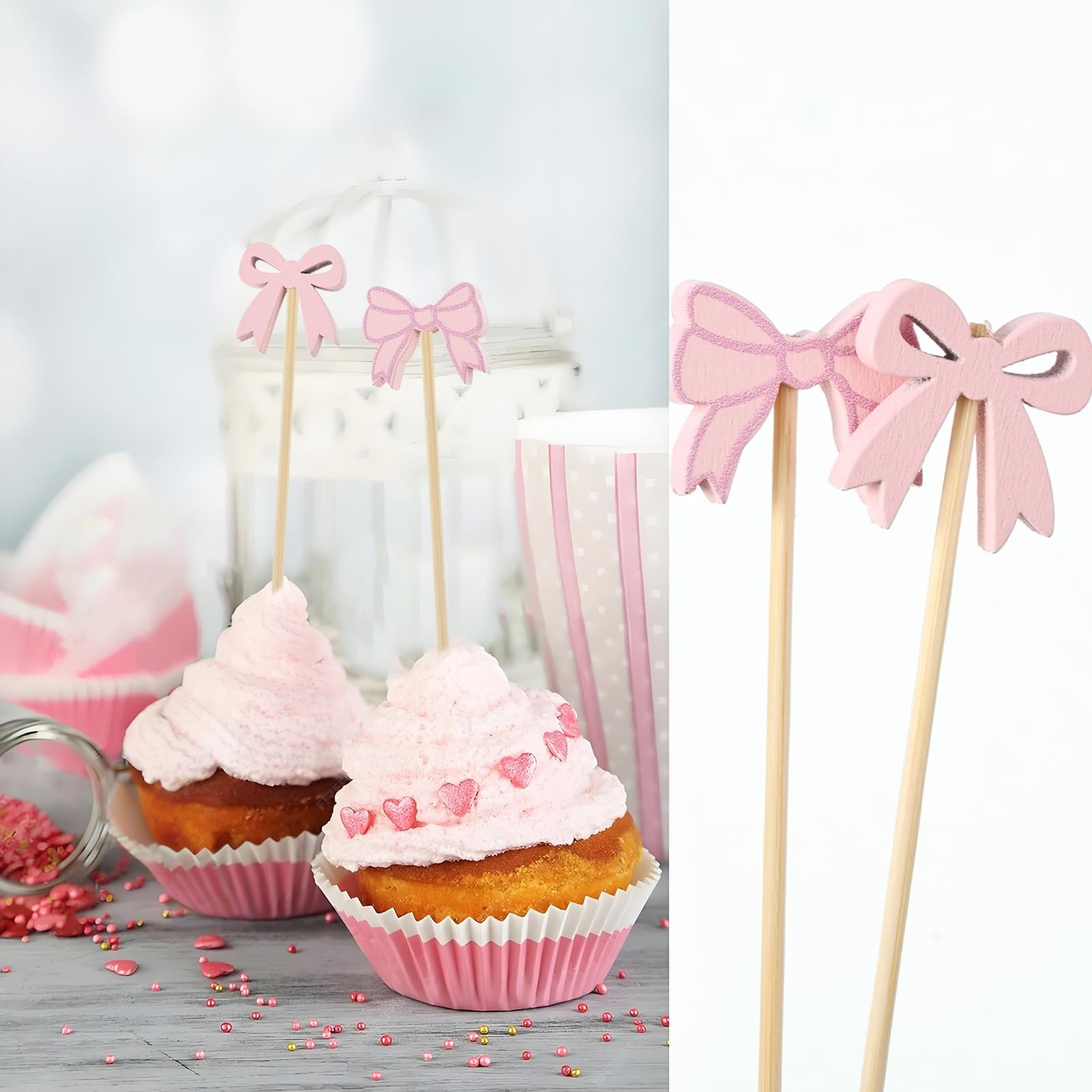 200Pcs Coquette Bow Cocktail Picks,4.7 Inch Pink Bow Toothpicks Bowknot Cocktail