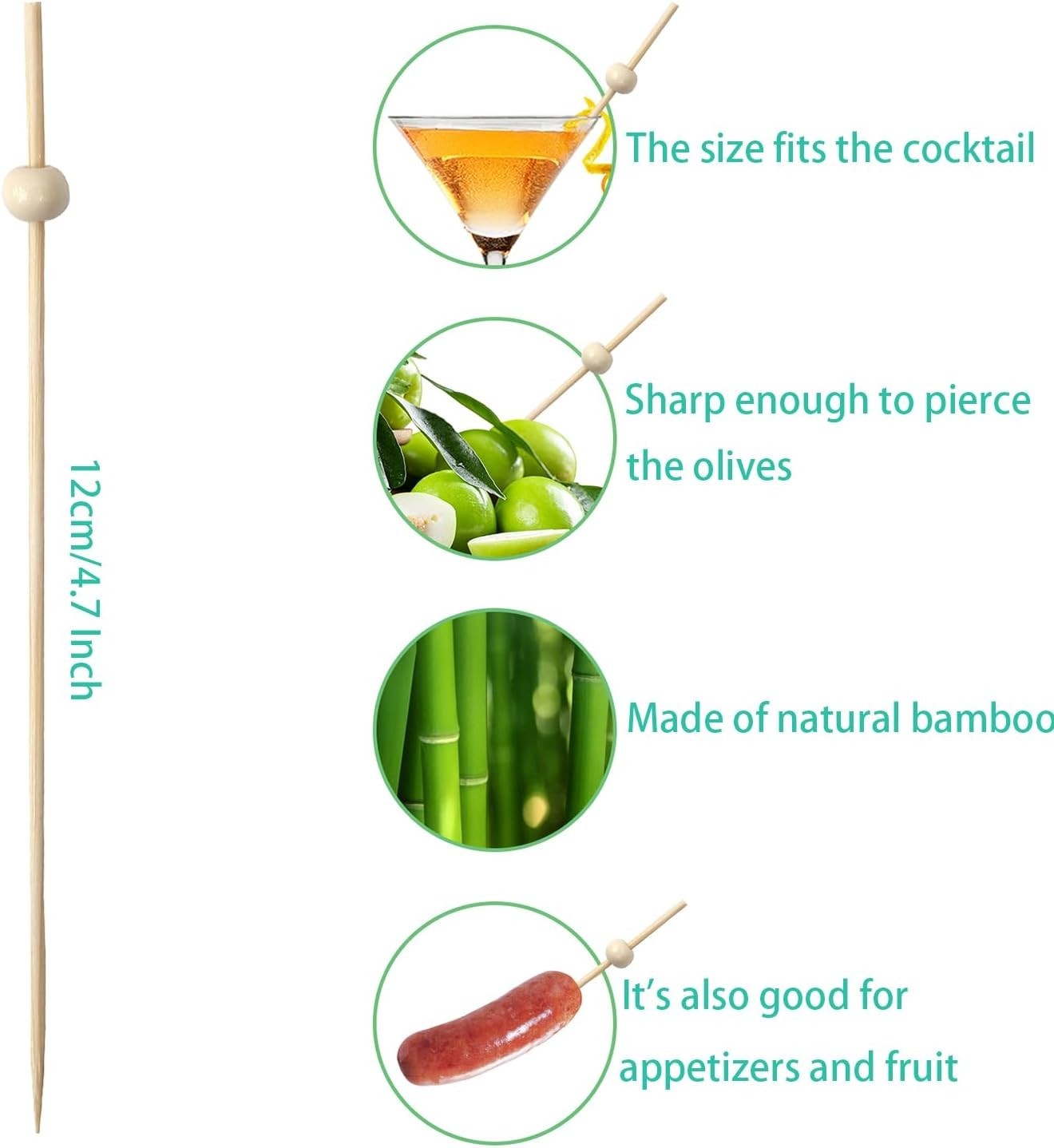 Wooden Cocktail Picks with Beads,200 Pcs 4.7 Inch Natural Bamboo Appetizer Sk…