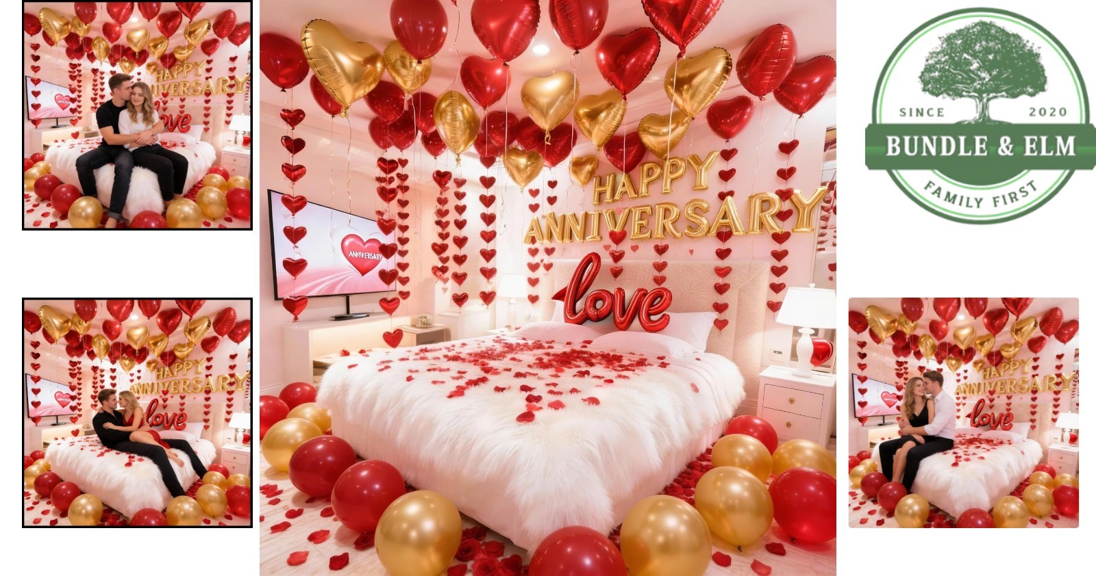 Romantic Anniversary Decorations with Red Hearts, Balloons & Silk Rose Petals