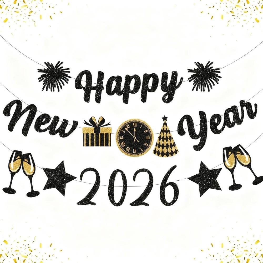 Black Gold New Years Decorations 2026 Glitter Happy New Year Banner New Years