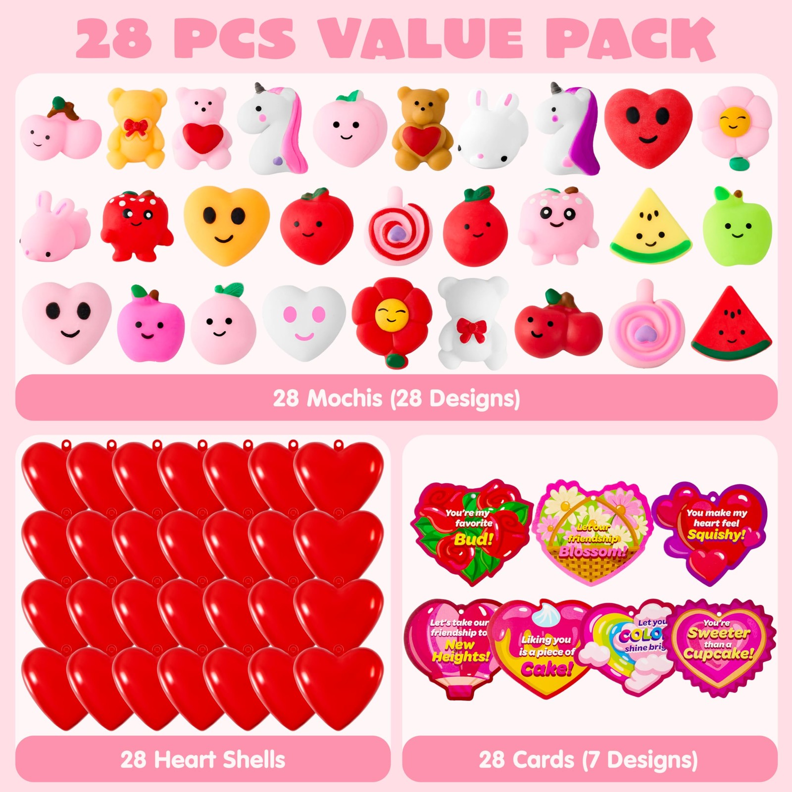 Joyin 28 Packs Valentines Day Heart Gift Cards Mochi Squishy Toys And Heart