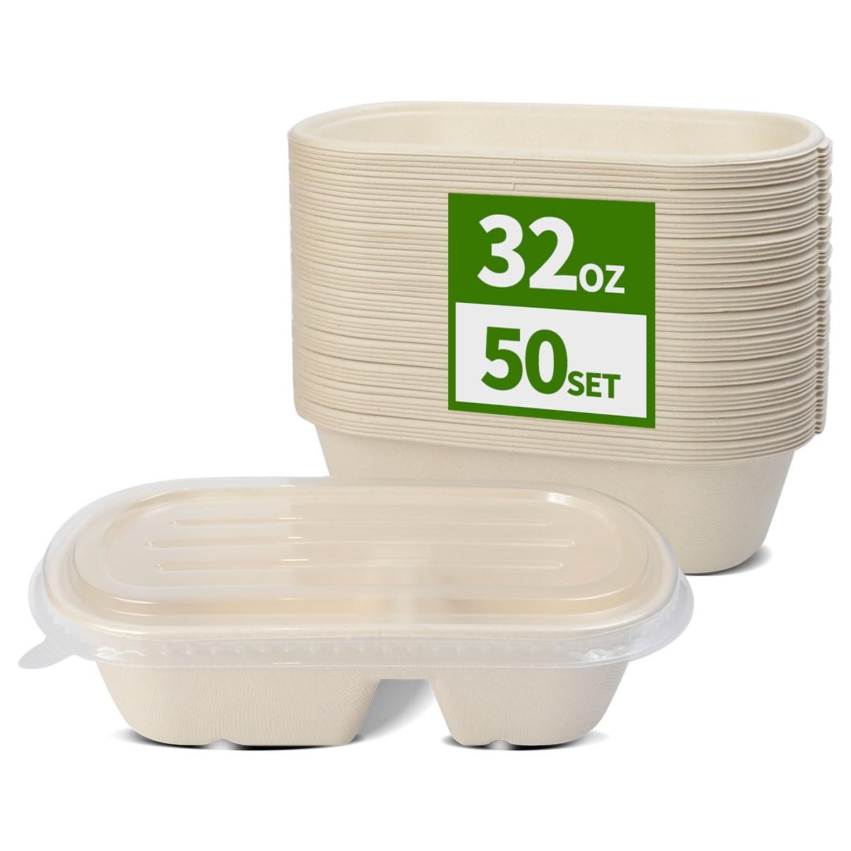 50 Pack Large 2 Compartment Paper Bowls with Lids, Divider Food Containers Di…