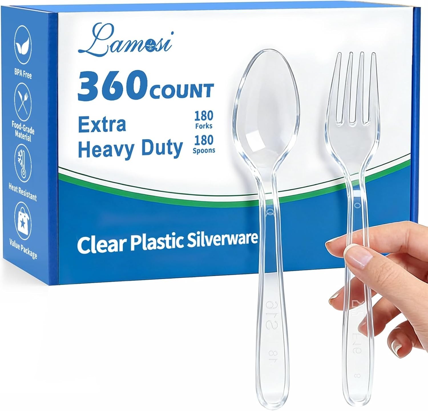Lamosi 360 Count Extra Heavy Duty Clear Plastic Forks and Spoons, 180 Forks, 180