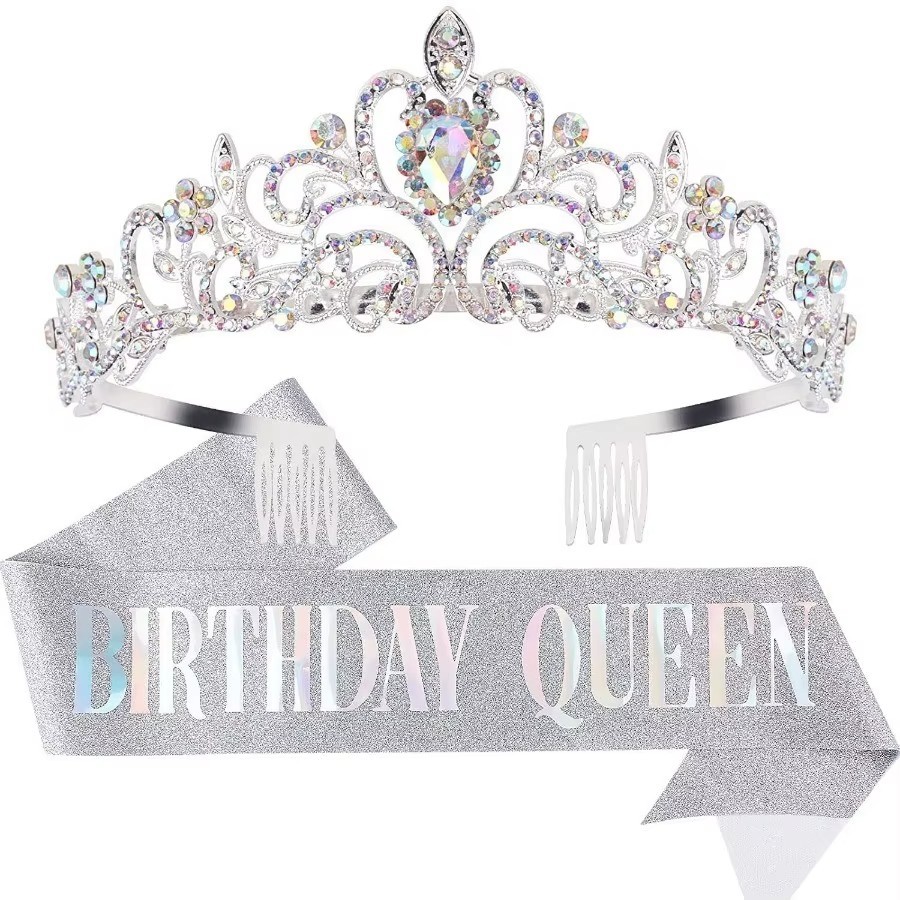 2Pcs Birthday Girl Queen Sash & Rhinestone Crystal Tiara Crown Party Decor Set
