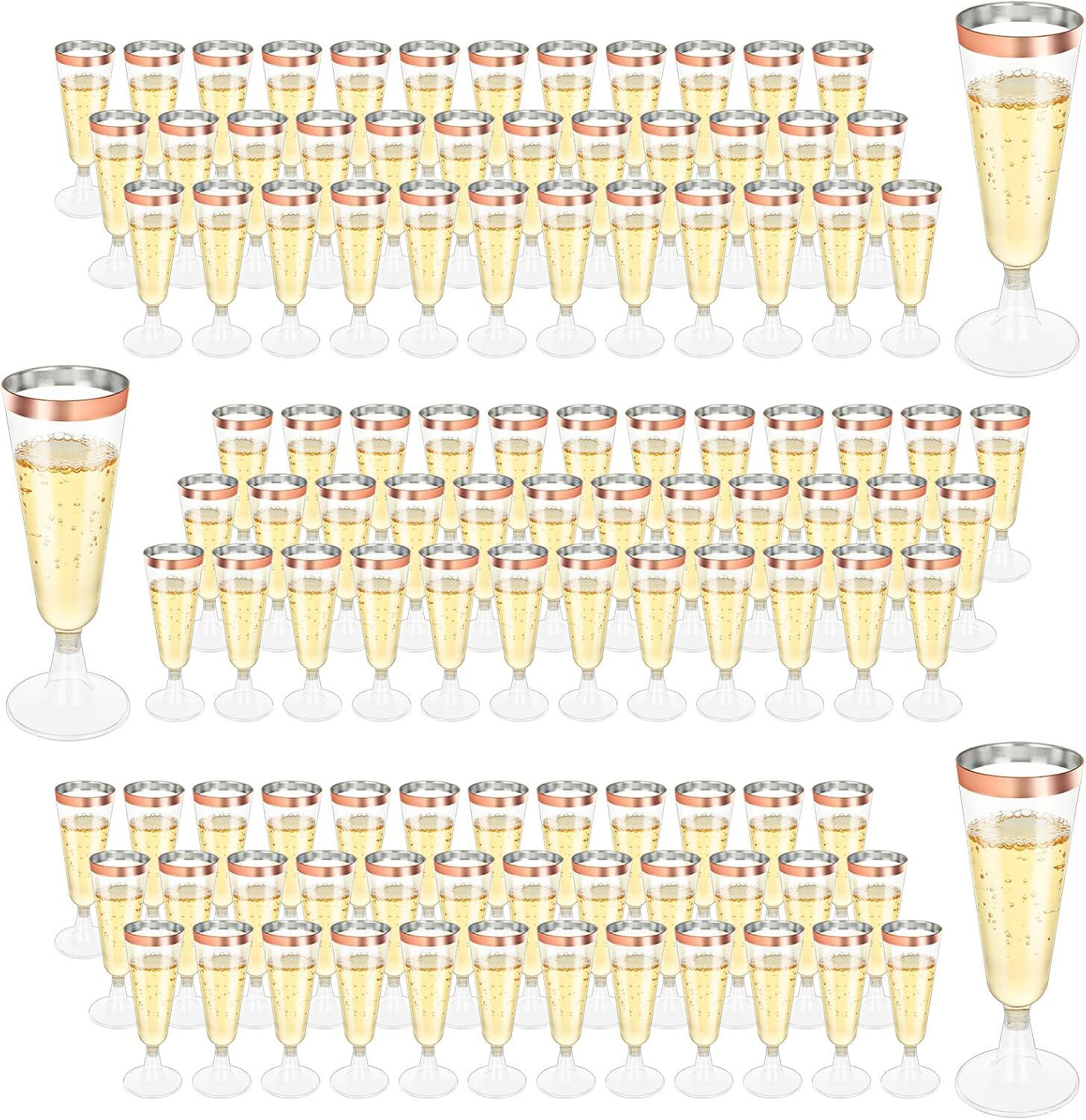 100 Pack Plastic Champagne Flutes, 5Oz Disposable Champagne Glasses Rose Gold Ri
