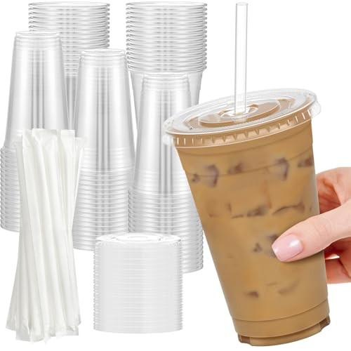 100 Pack – Clear Plastic Cups with Lids and Straws, Sturdy & Food 24 oz 100.0