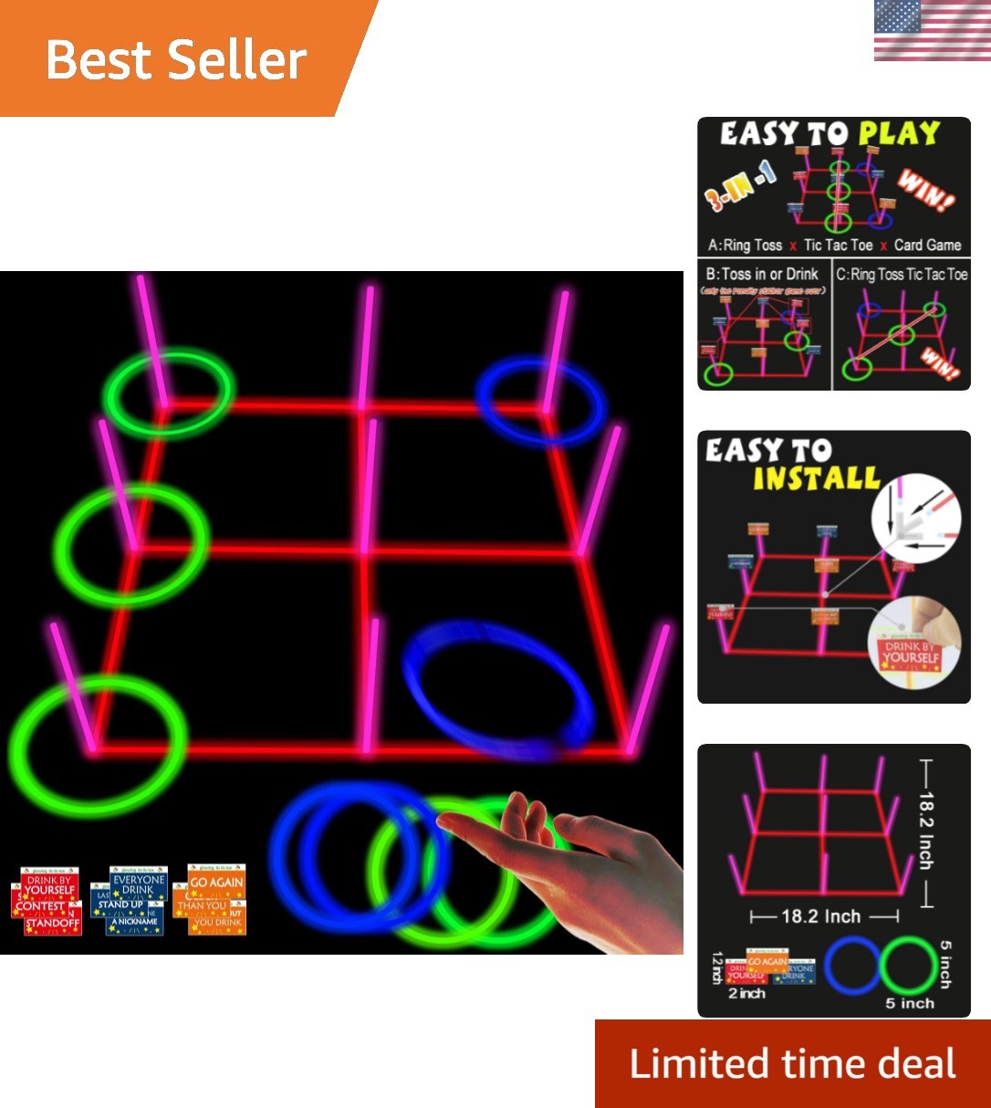 18.2 Inch 3-in-1 Glowing Ring Toss Tic Tac Toe Outdoor Game for Adults and Fa…
