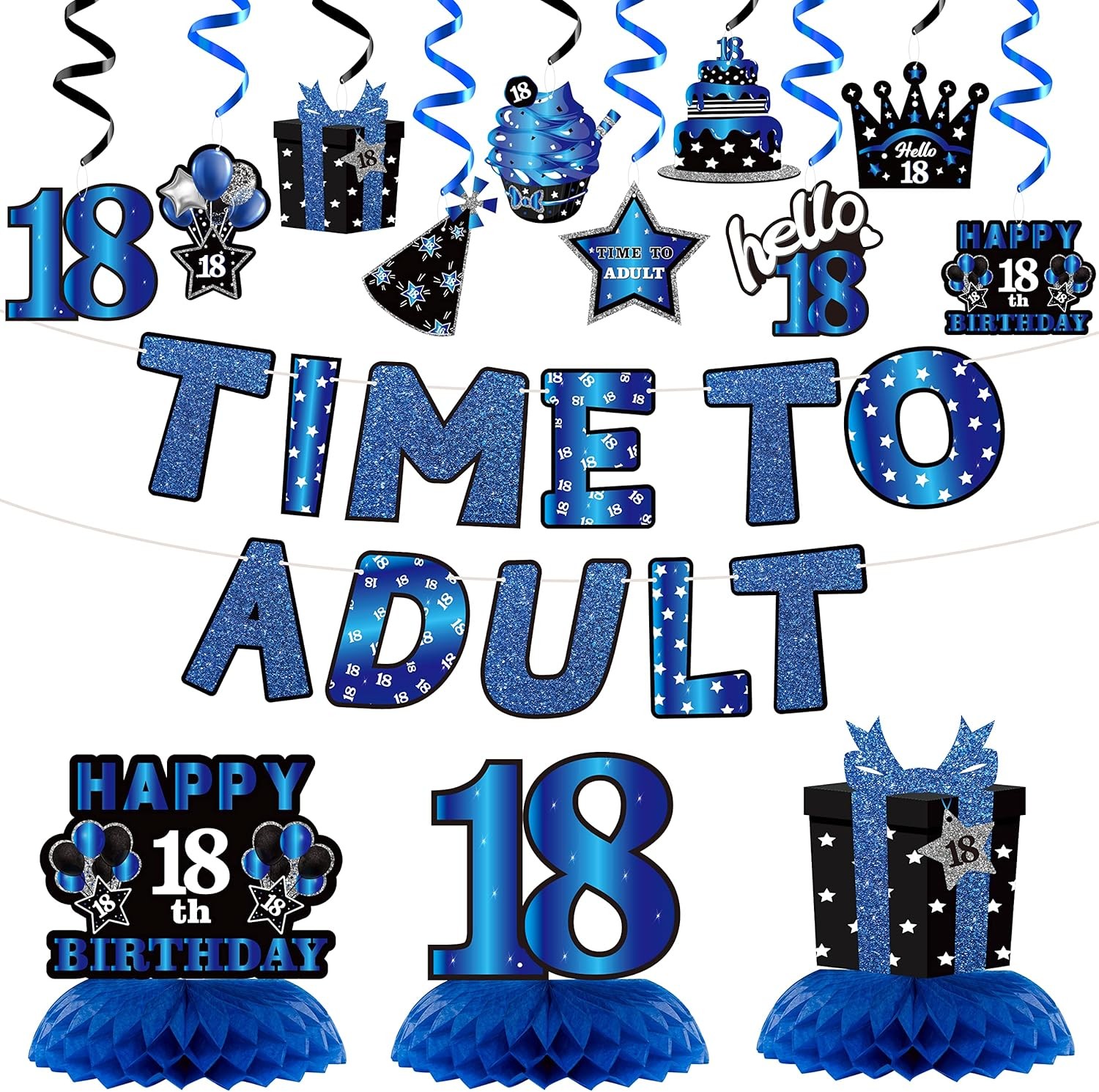 WATINC 26pcs 18th Blue Black Birthday Banner Party Decorations Set, Time