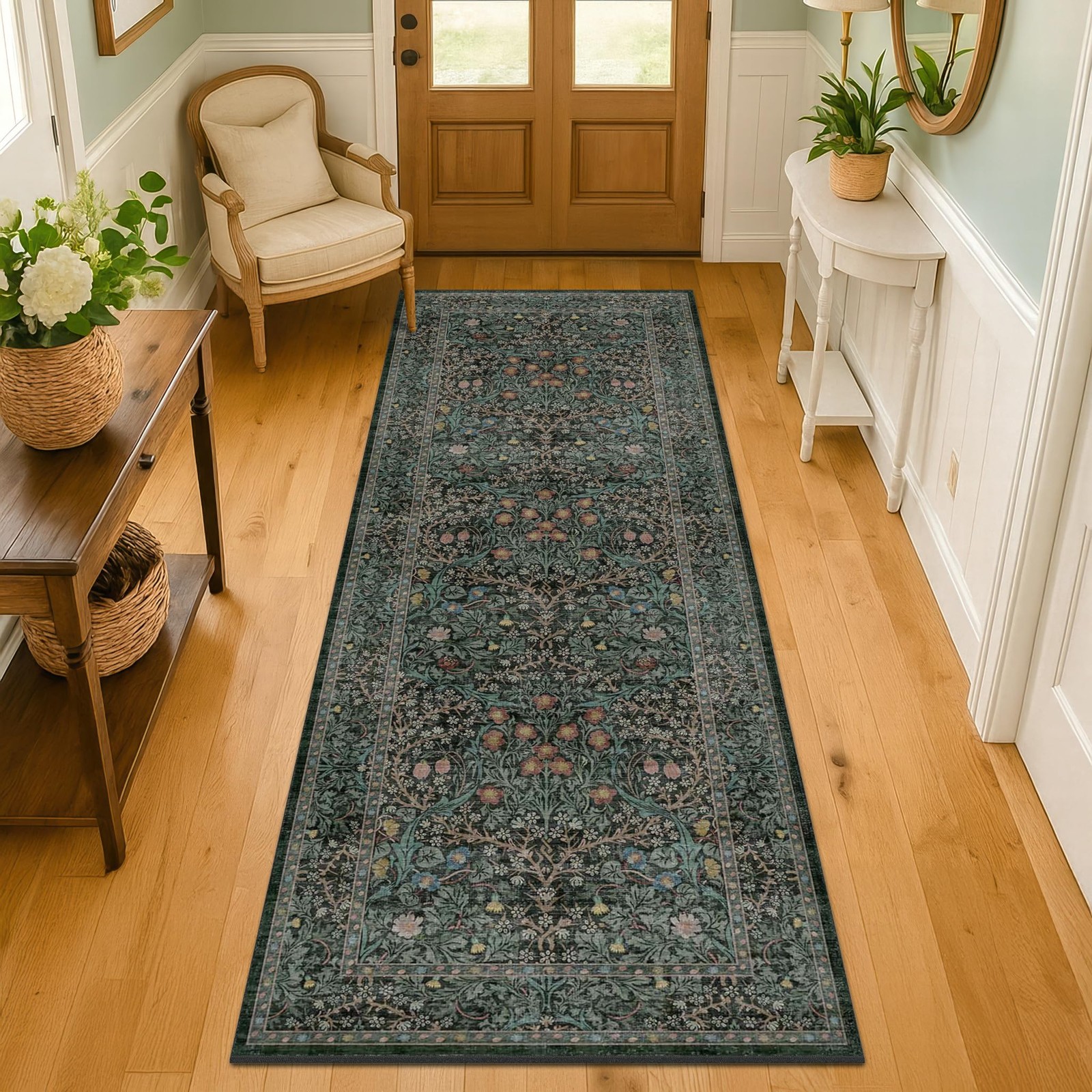 8ft Long Runners for Hallways Non 2’6″ x 8′ (Runner), Dark Green / Black
