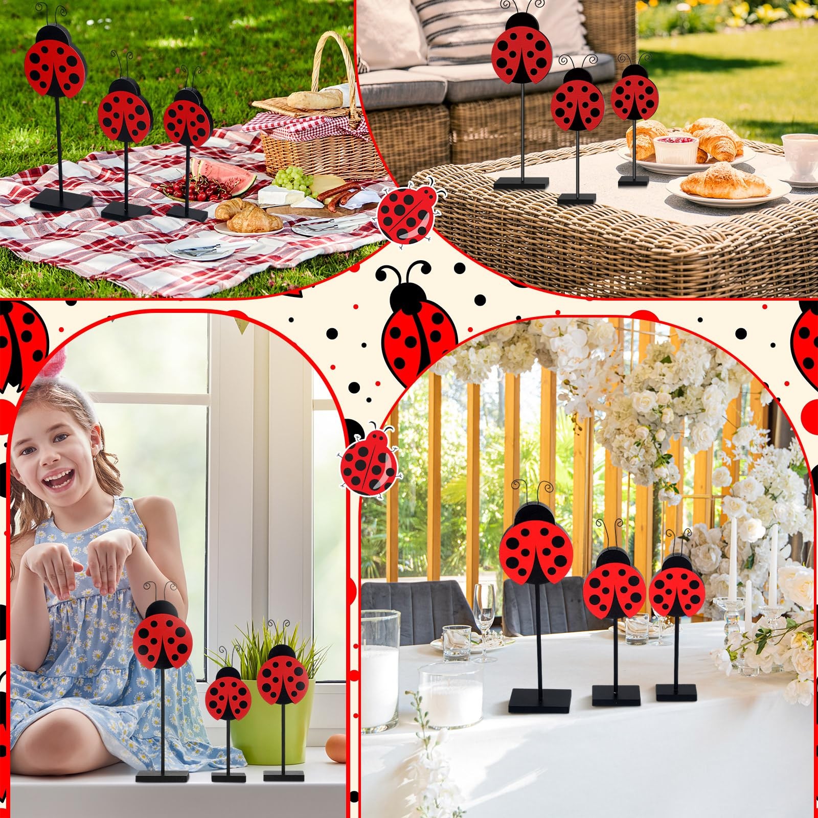 3 Pcs Ladybug Decor Set Table Decor Spring Wooden Tabletop Centerpiece for Pa…