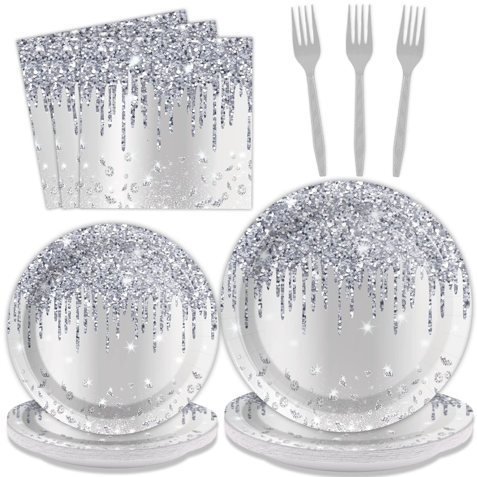 96 Pieces Silver Glitter Party Tableware for Denim and Diamonds Party Decorat…