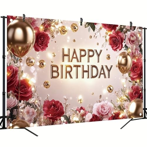 Red and Gold Happy Birthday Backdrop Banner Elegant Photography Rose Floral