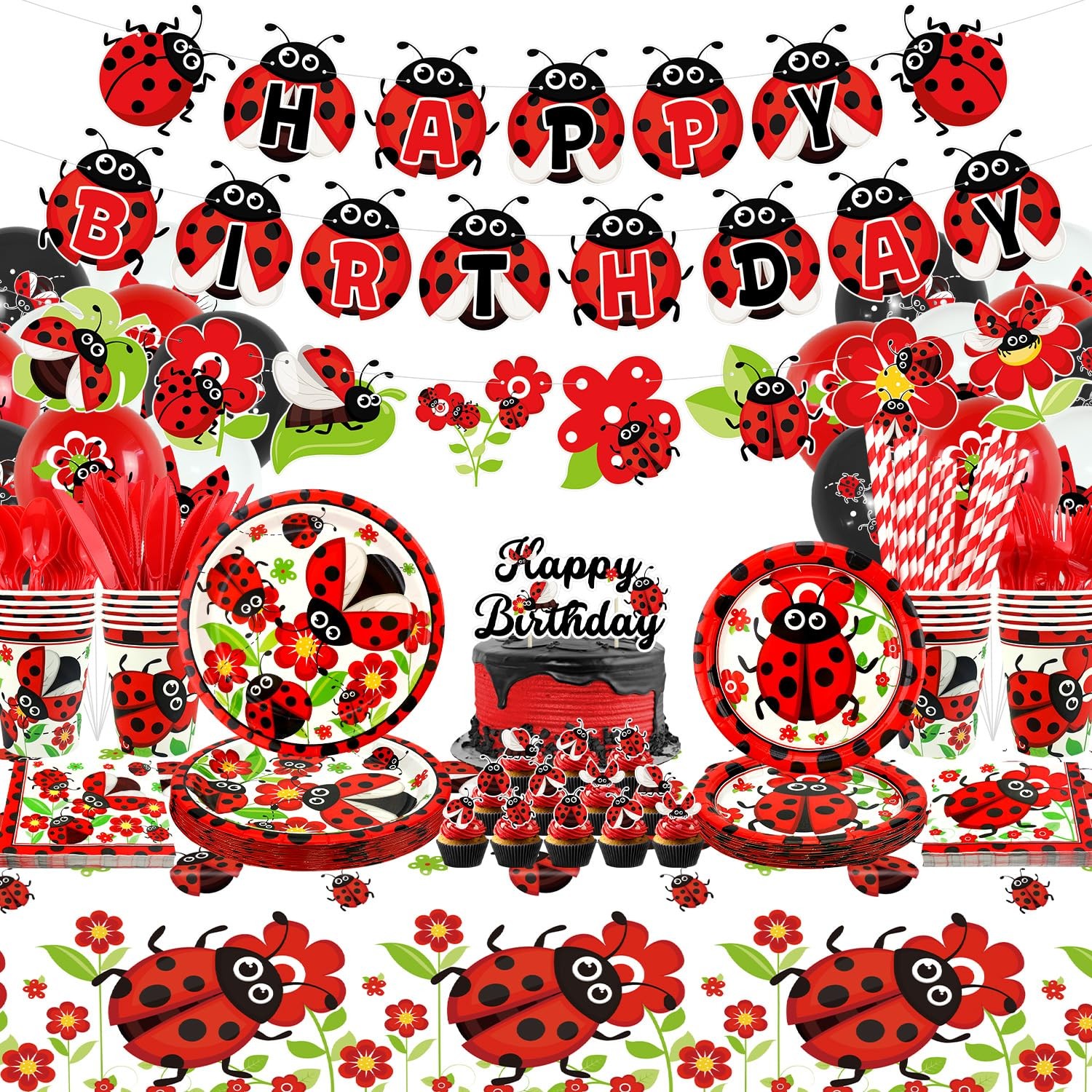 Ladybug Birthday Decorations – Serves 20, Plates Cups Napkins Tablecloth