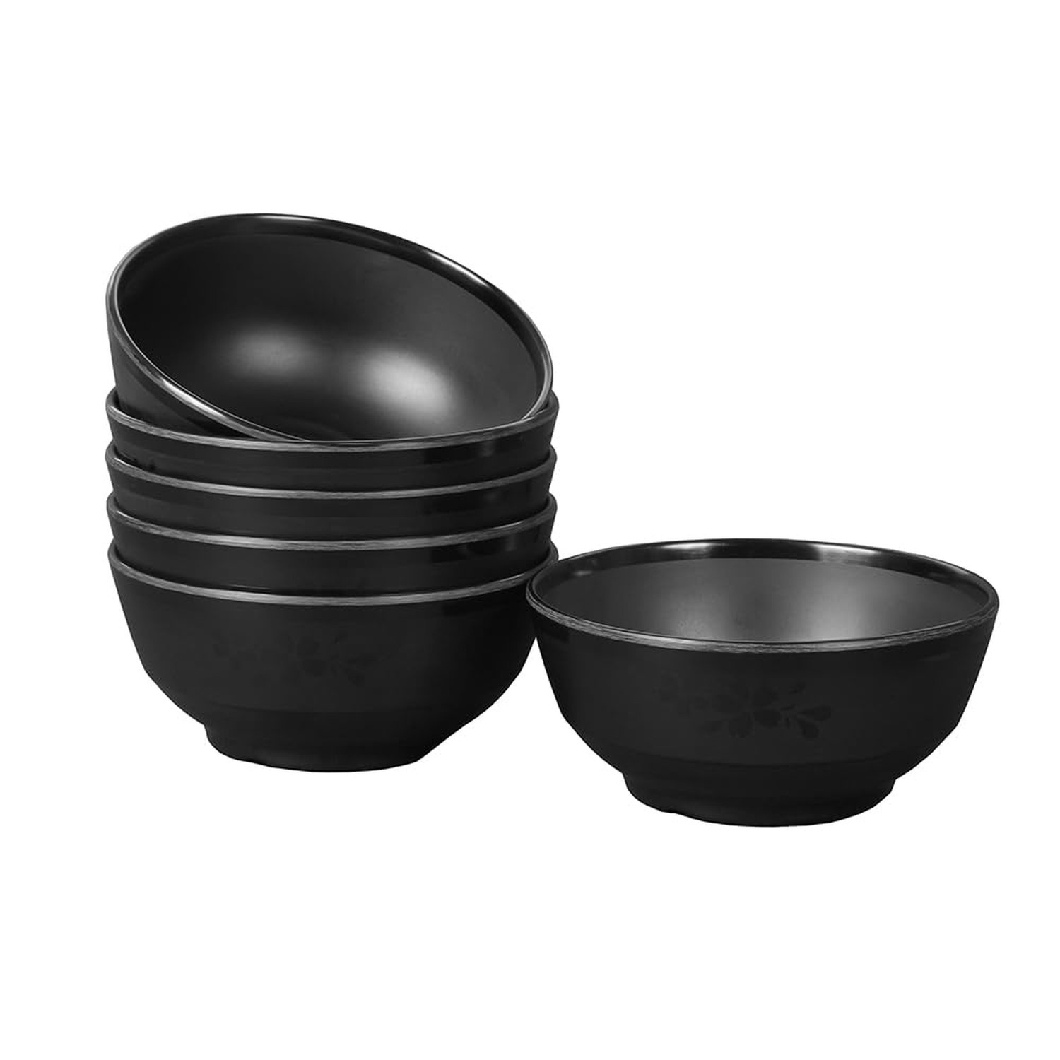 Melamine Cereal and Salad Bowls, 5 Inch, Set of 6, Dishwasher Safe. Black