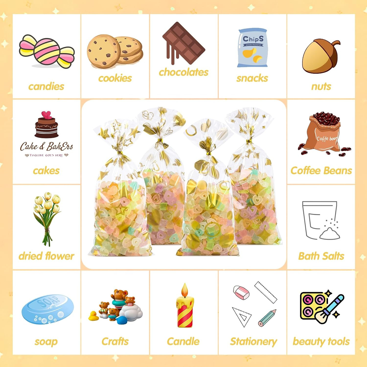 100 Pcs Gold 5″X11″ Gift Wrap Cellophane Treat Bags Clear Party Favor