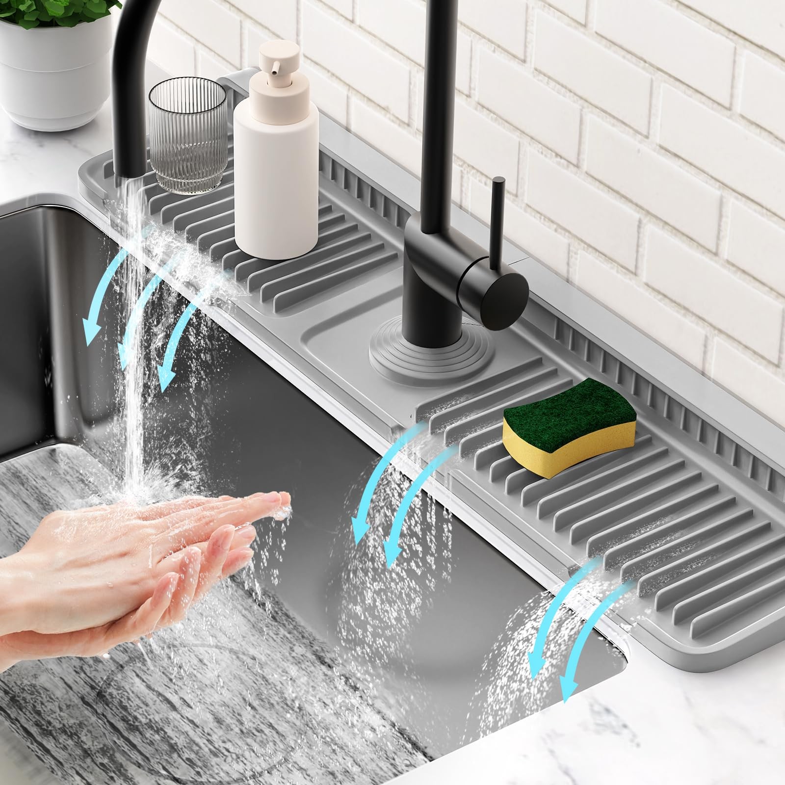 24” Longer Faucet Mat for Kitchen Sink Splash Guard[7° Slope Fast Self-draining