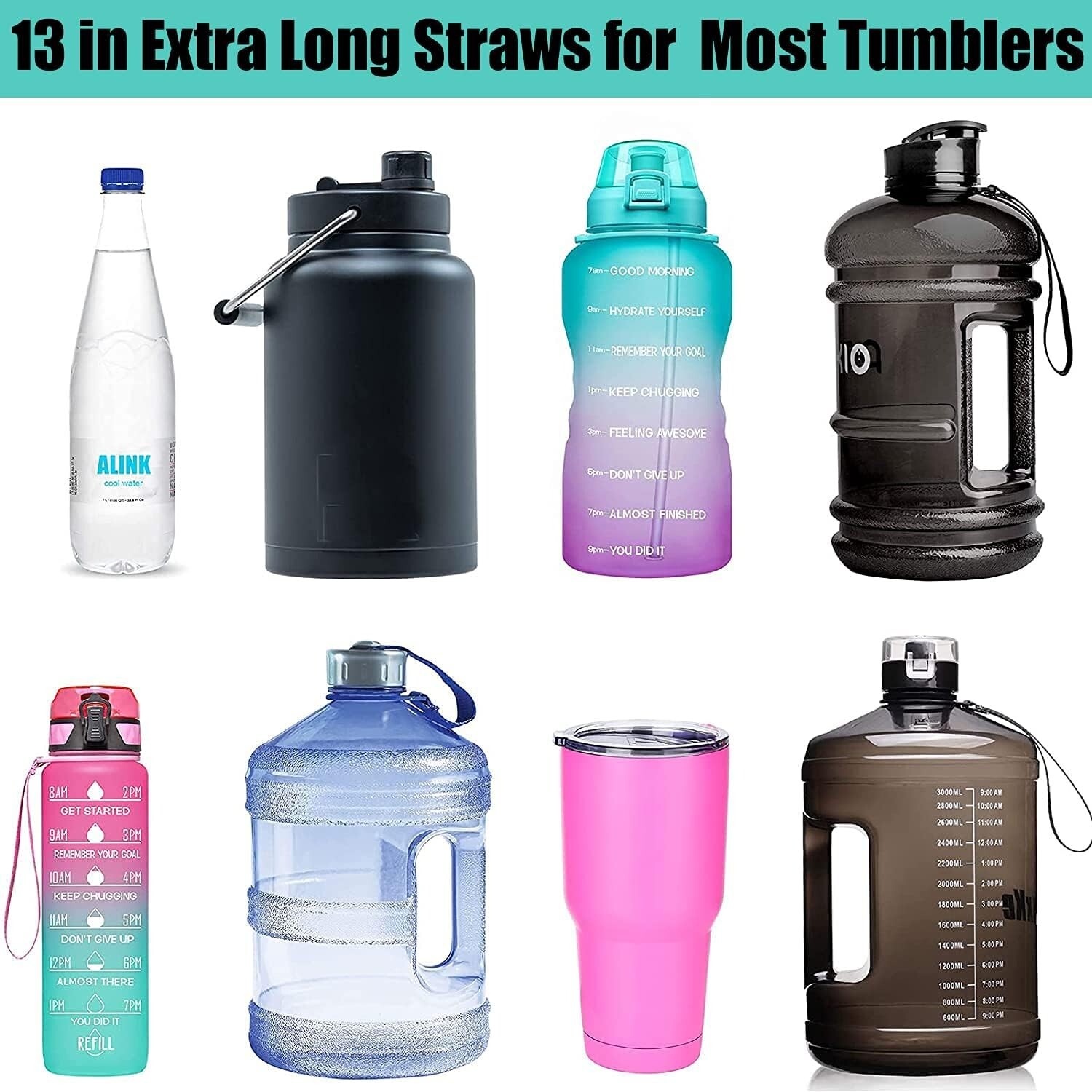 BPA-Free 13 Inch Reusable Clear Straws for 32oz to 1 Gallon Bottles – 12 Pack