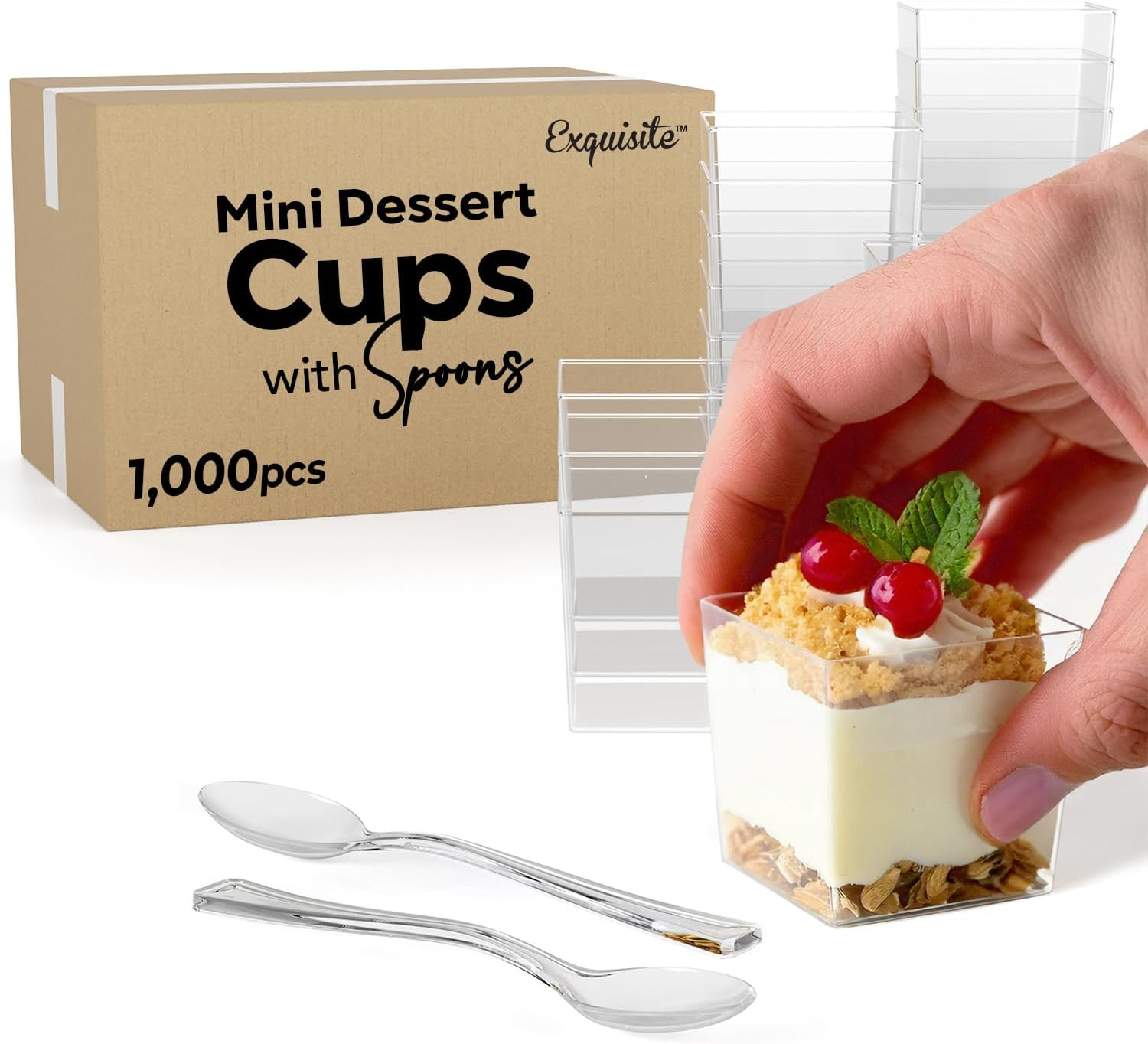 Mini Dessert Cups with Spoons 200 Pcs – 3.1 Oz Square Plastic Dessert Cups Dispo