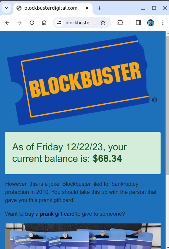 (4) Blockbuster Prank Gag Gift Card – Birthday Christmas Graduation Gag FUNNY