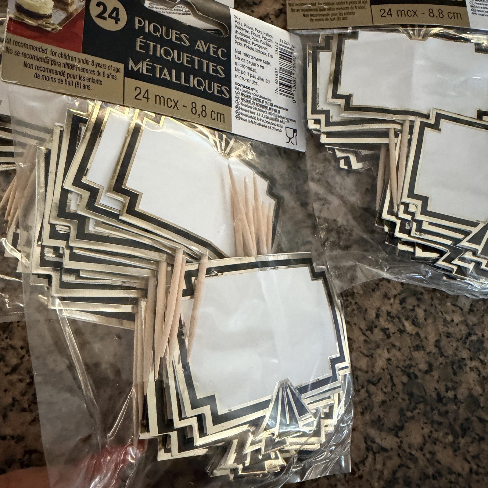 Amscan Foil Label Picks Set Of 3 Packs 72 Gold Art Deco Food Flags 3.5 In Party