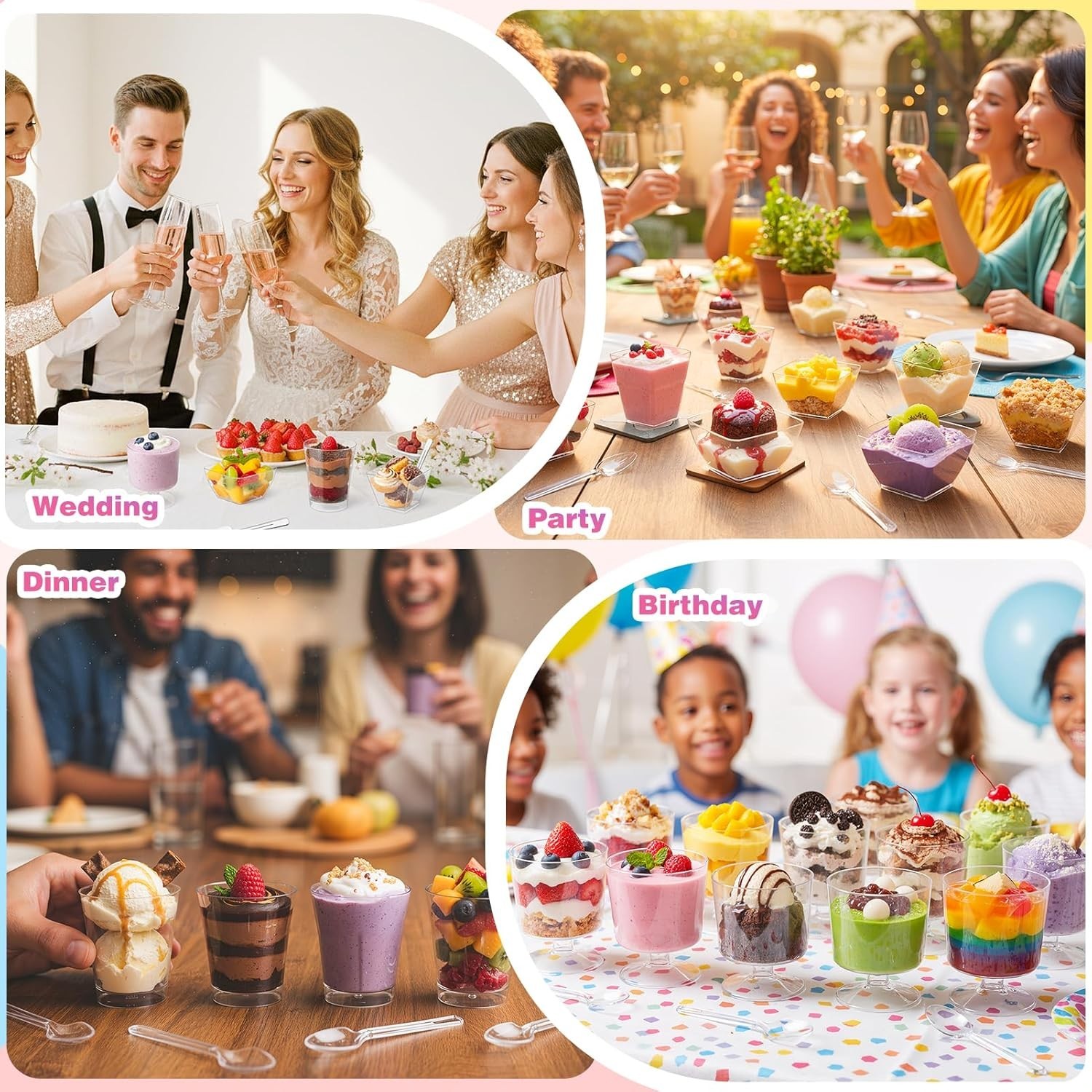 400 Pcs Mini Dessert Cups with Spoons, 6 Styles Plastic Dessert Cups, Clear V…