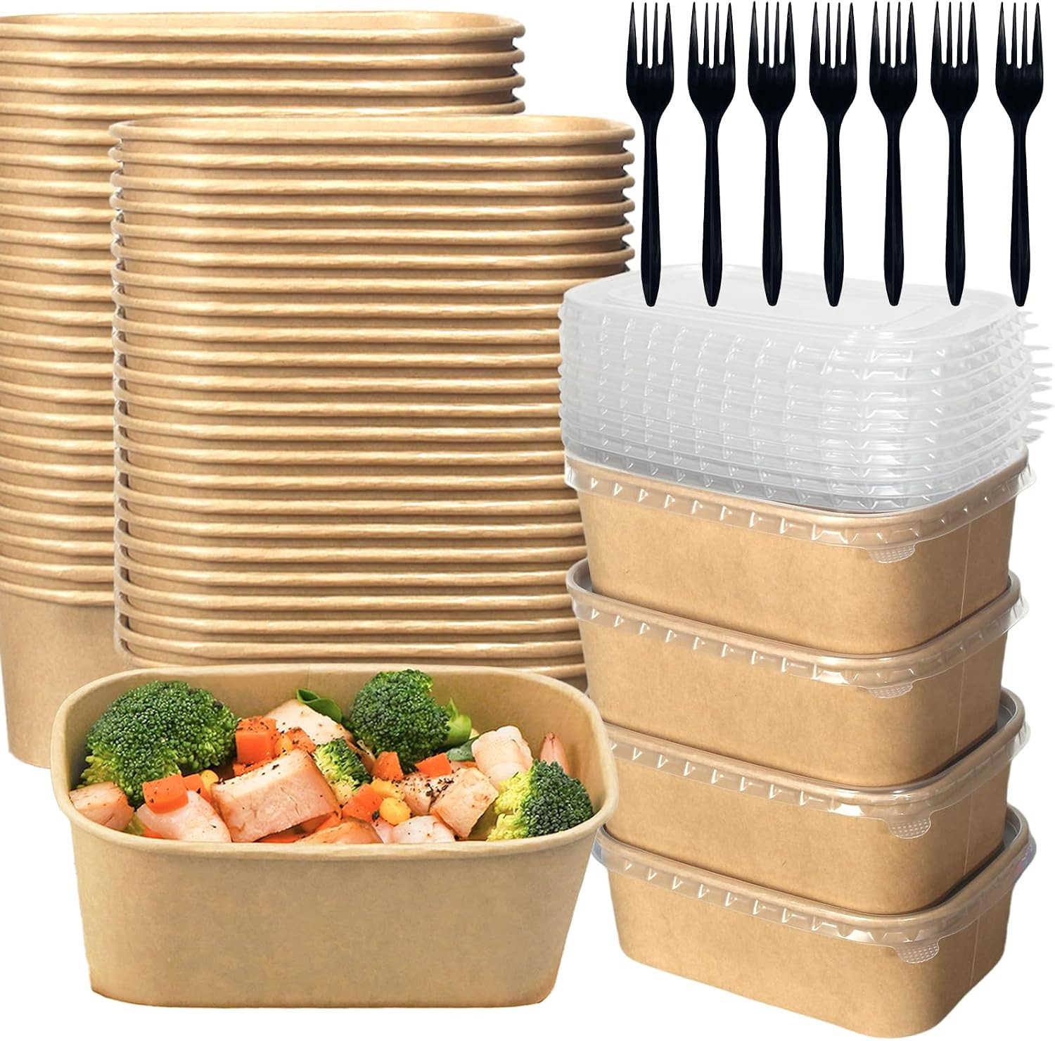 50 Pack 25Oz Kraft Paper Square Bowls, Disposable Take Out Containers with Lids