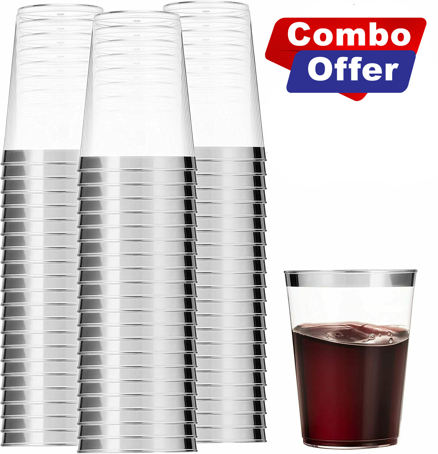 Silver Rim Clear Elegant Heavy Quality Plastic Tumbler Party 10 Oz Cups