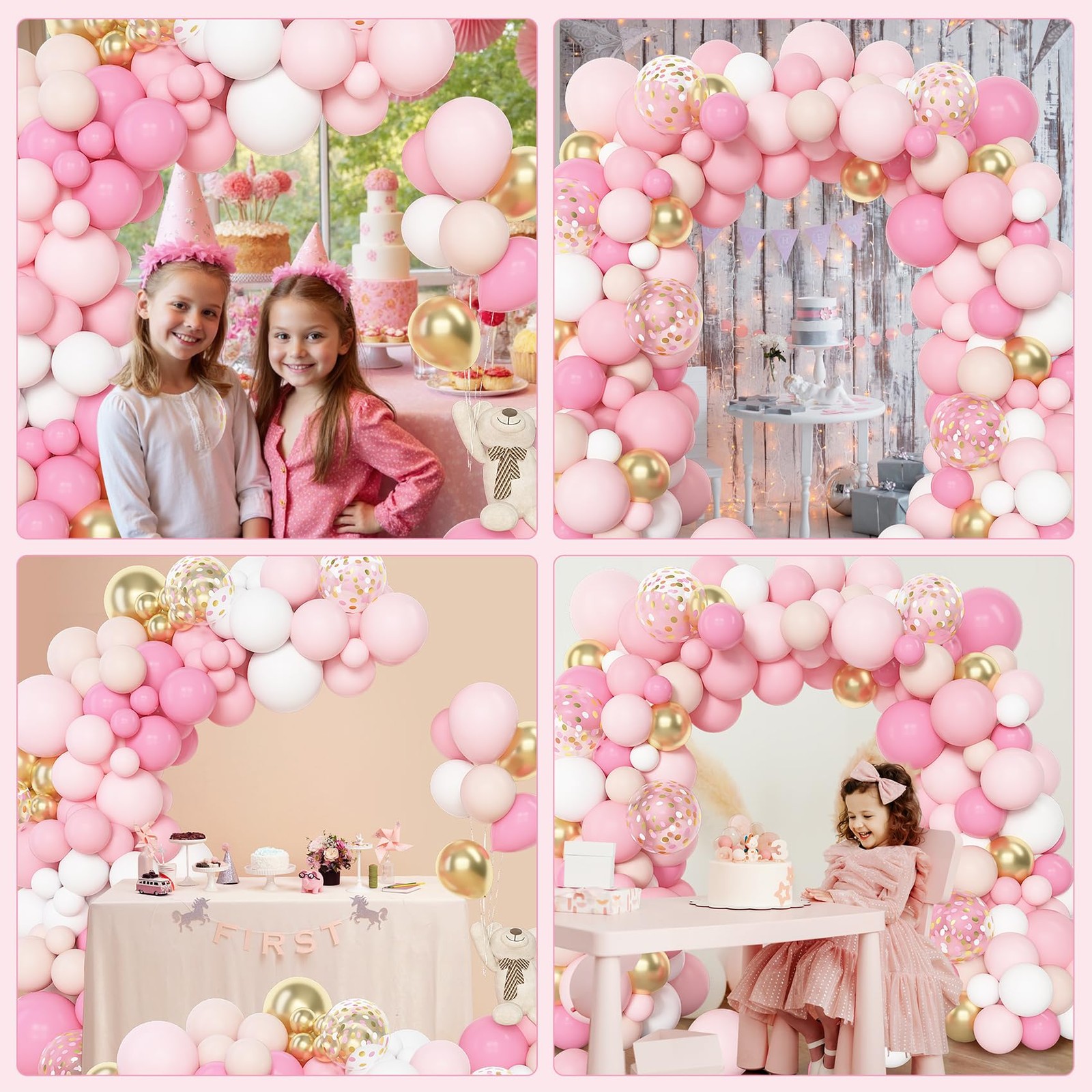 144Pcs Pink Balloons Garland Arch Kit Light Pink Gold White Confetti Latex Me…