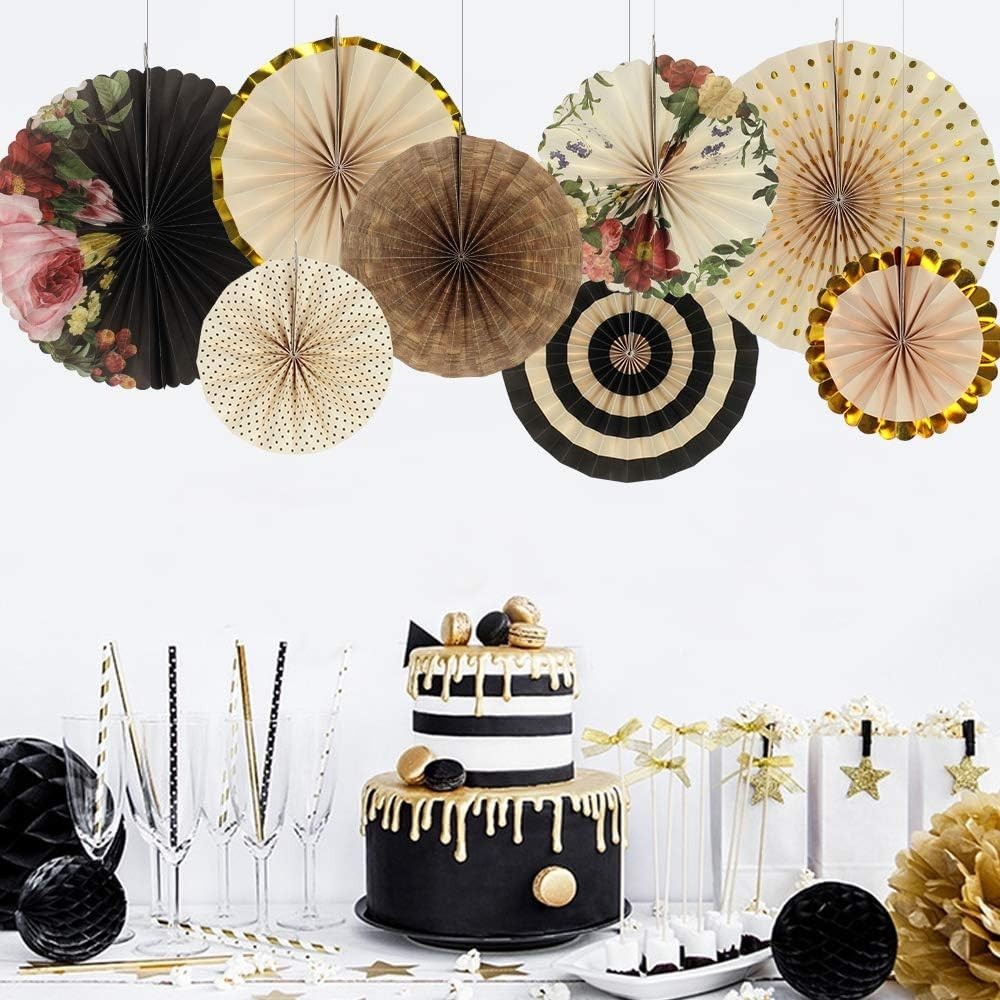 Set of 8 Elegant Hanging Paper Fans for Weddings & Celebrations – Art Deco