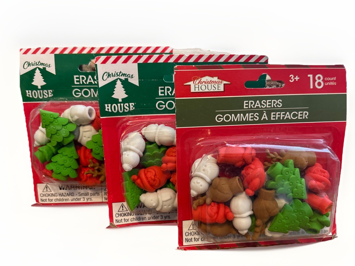 Christmas House 3pk/54 Count Christmas Pencil Erasers Party Gift Stocking Filler