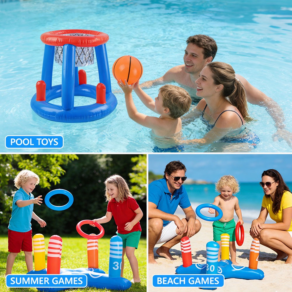 Inflatable Pool Games Toys Swimming Pool Basketball Hoop Cross Ring Toss Set