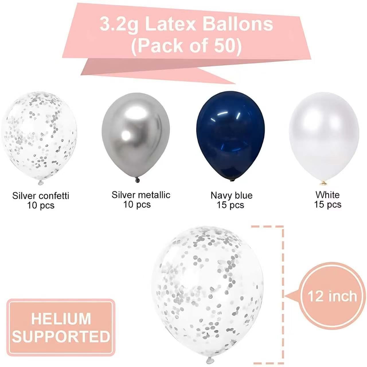 Navy Blue and Silver Confetti Balloons 50 pcs, 12 inch White Pearl and Silver…