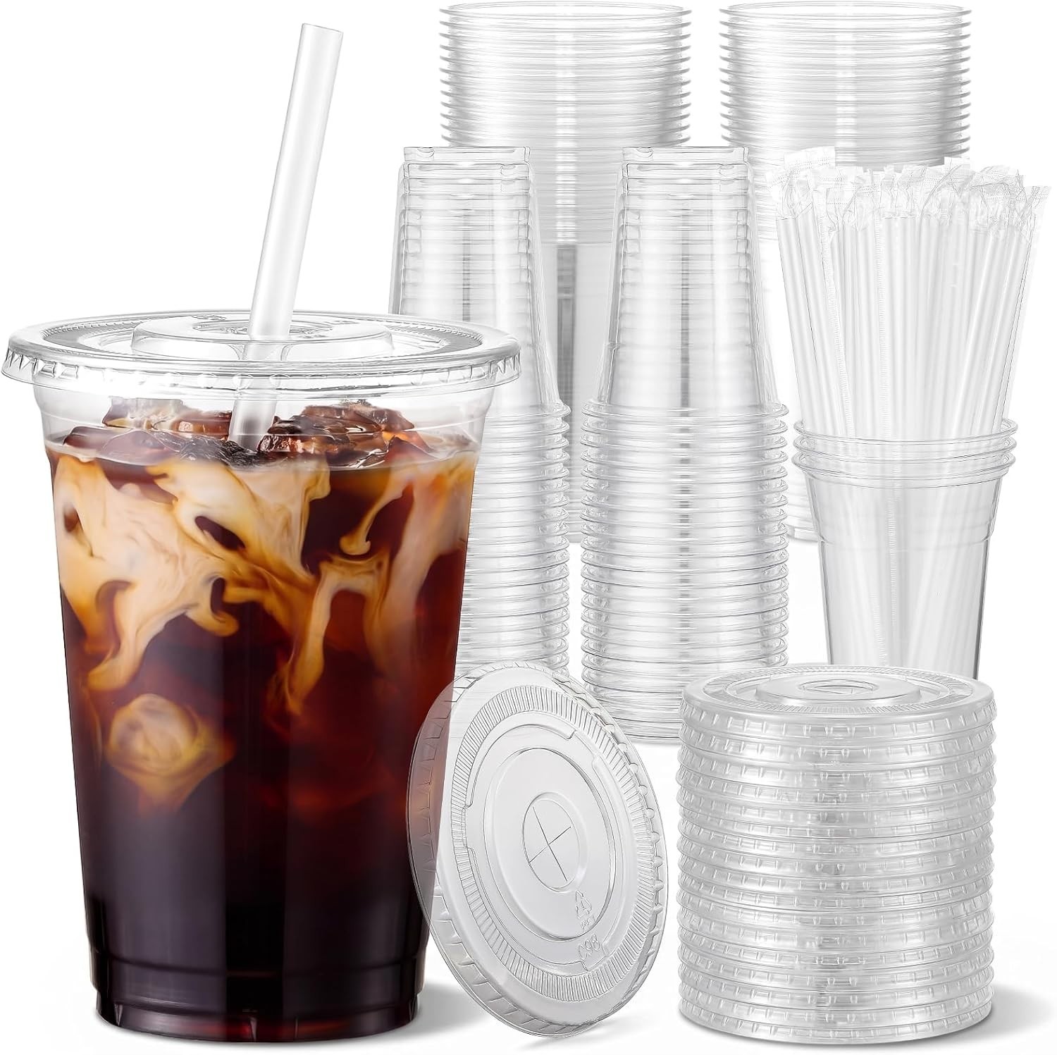 100 Sets – 16oz] Clear Plastic Cups with Lids and Straws, Disposable Iced Cof…