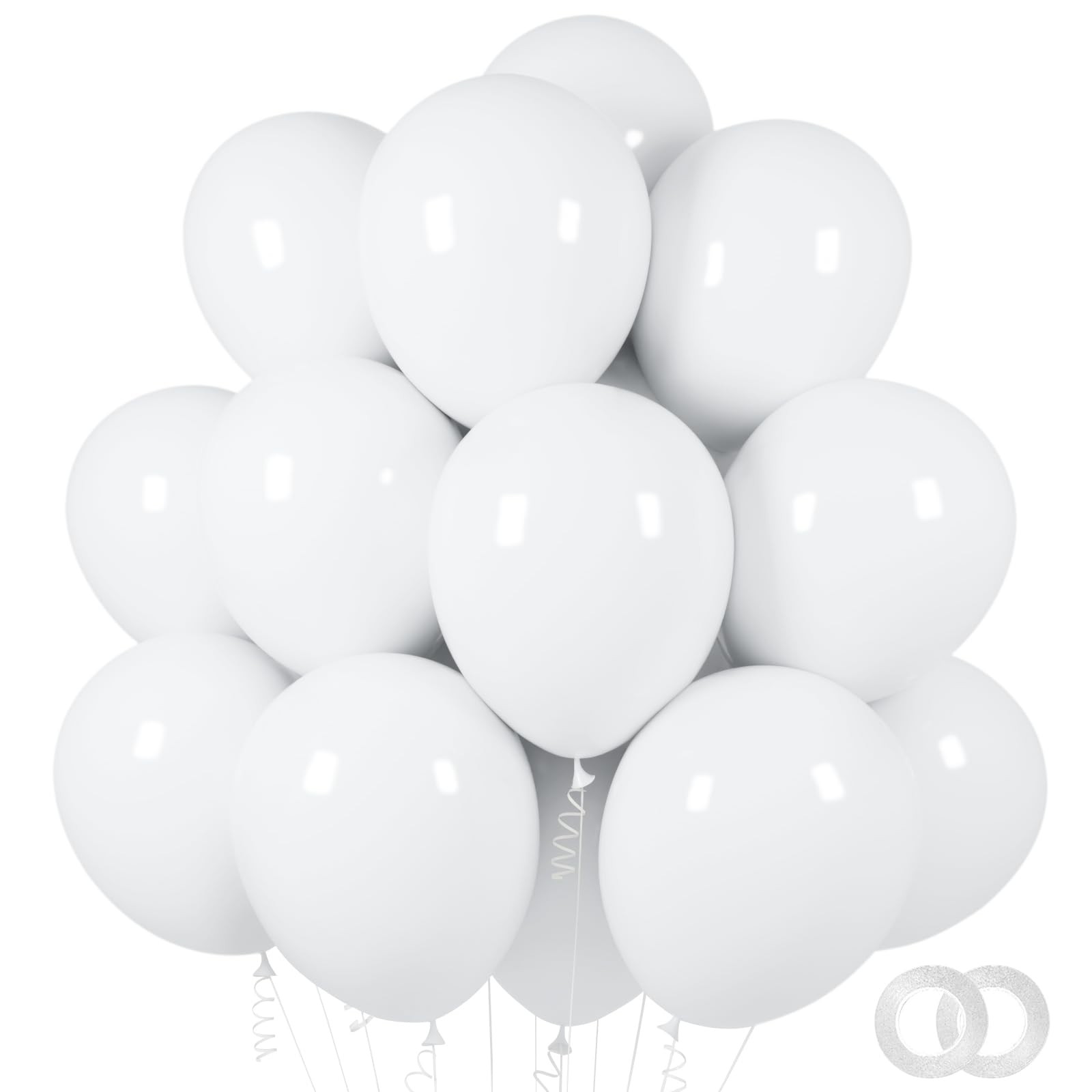 White Balloons 100 Pack 12 Inch White Latex Party Balloons with 2 Rolls of Ri…