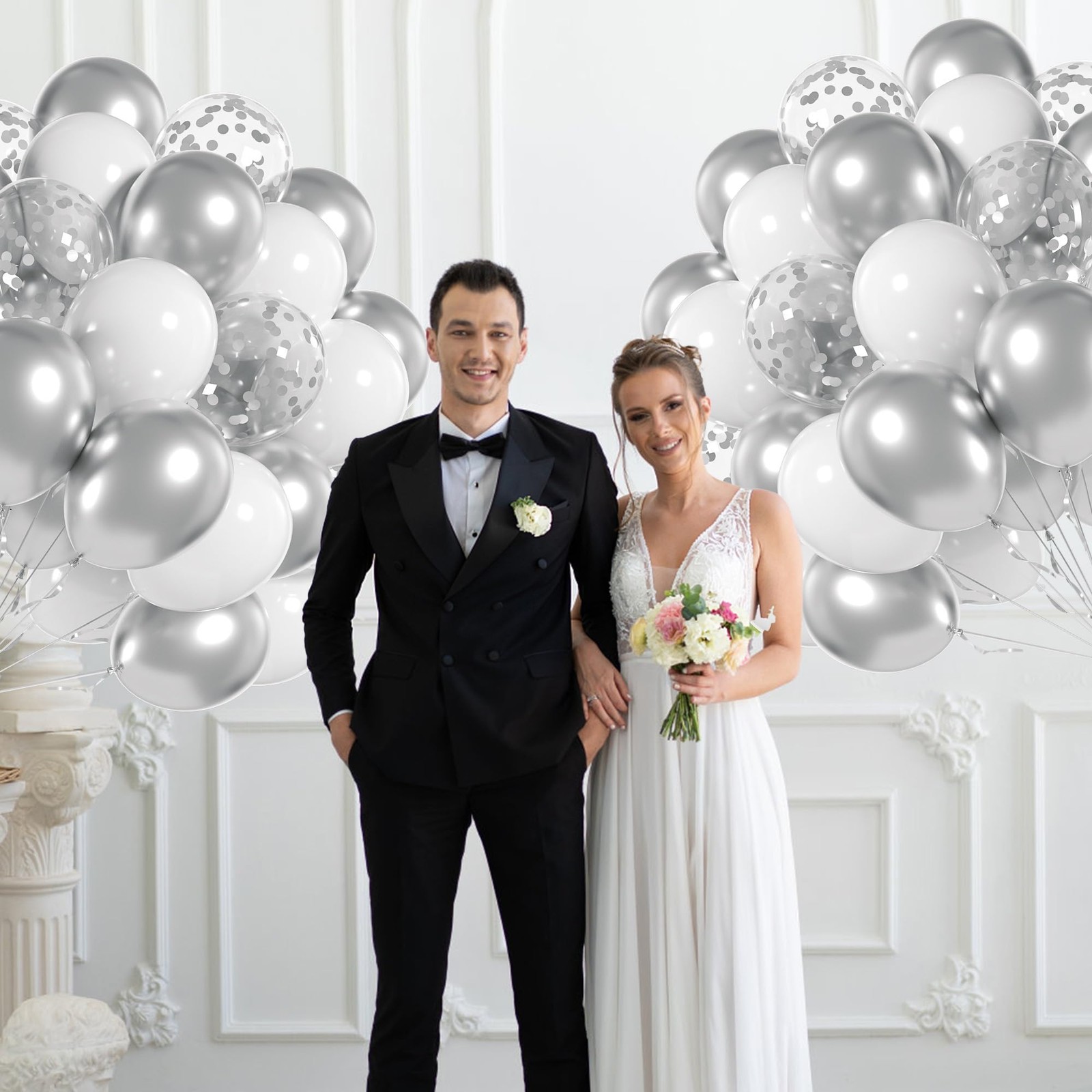 60pcs Silver and White Balloons with Confetti for Birthday and Party Decor