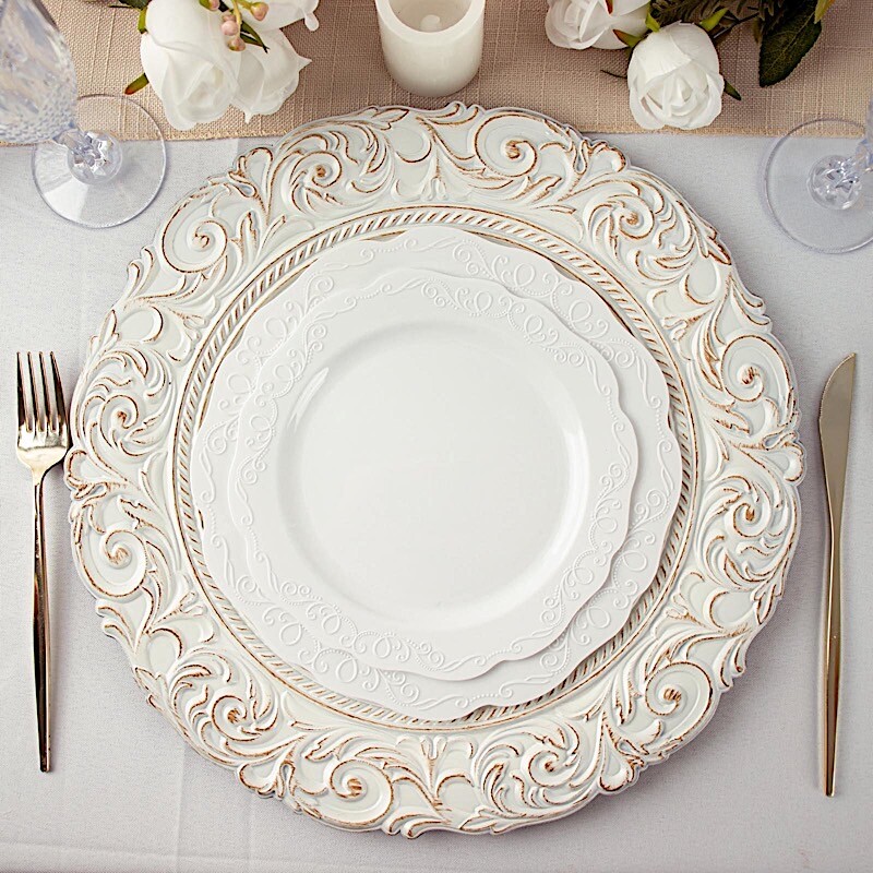 6 Antique White Gold 14″ Round Baroque Metallic Charger Plates Wedding Light