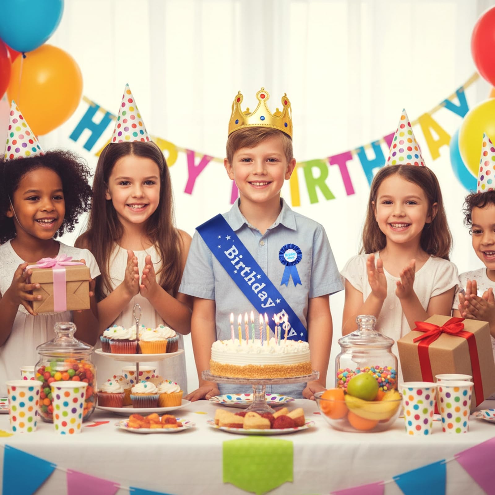 Aysatogc Birthday Crown Party Set, Boy Sash Hat Standard, Blue