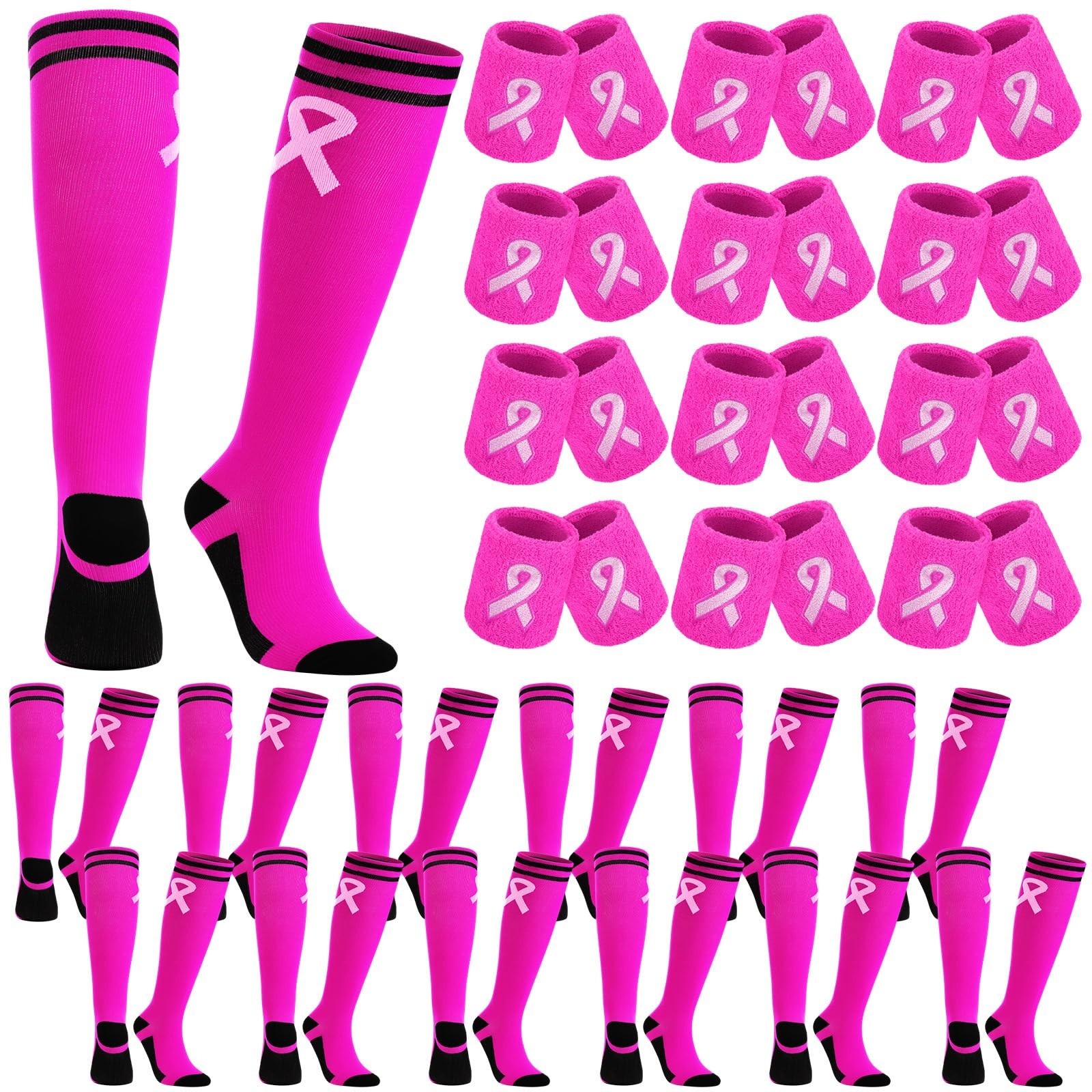 Glitopper 12 Pairs Breast Cancer Awareness Socks Bulk with Wristbands Pink Ri…