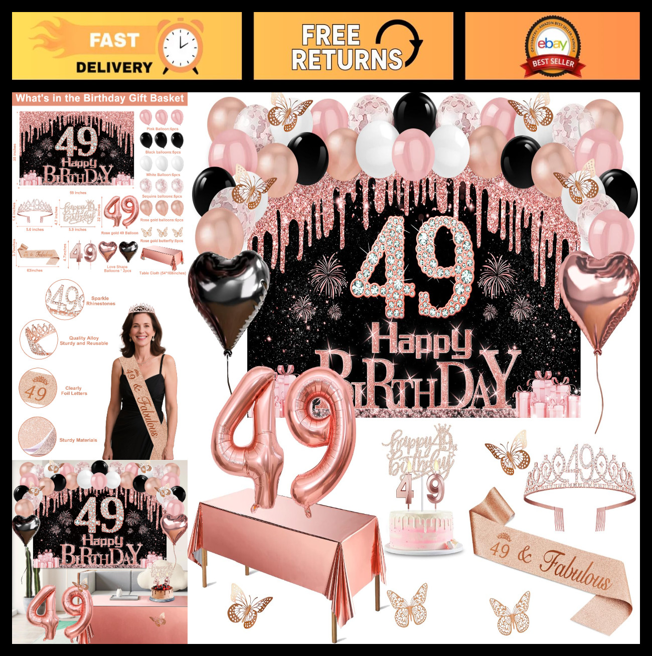 49th Birthday Decorations Set – 49pcs Black & Rose Gold Banner, Sash, Cake Toppe