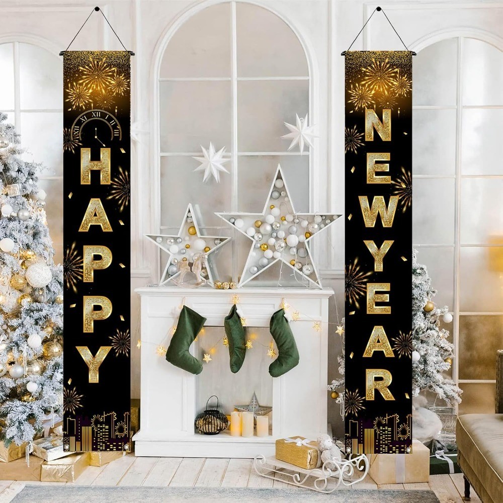 Happy New Year Black Gold Decorations – Front Porch Hang Door Banners, New Year