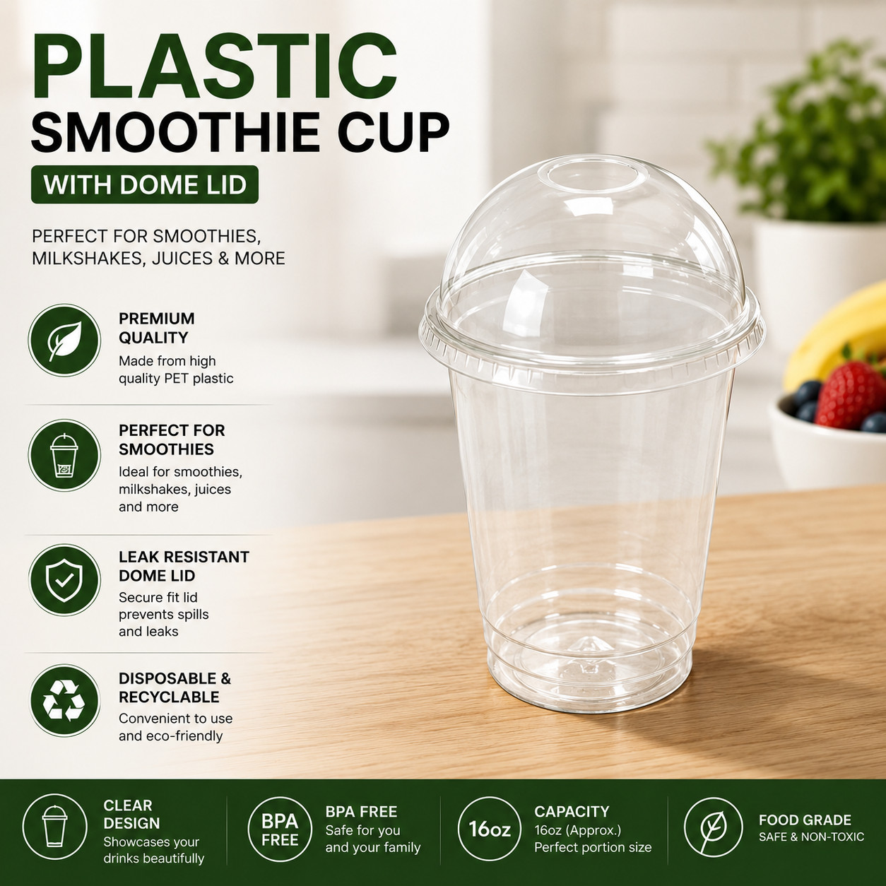 Clear Plastic Smoothie Cups with Domed Lids – 12oz/16oz Reusable Milkshake Cups