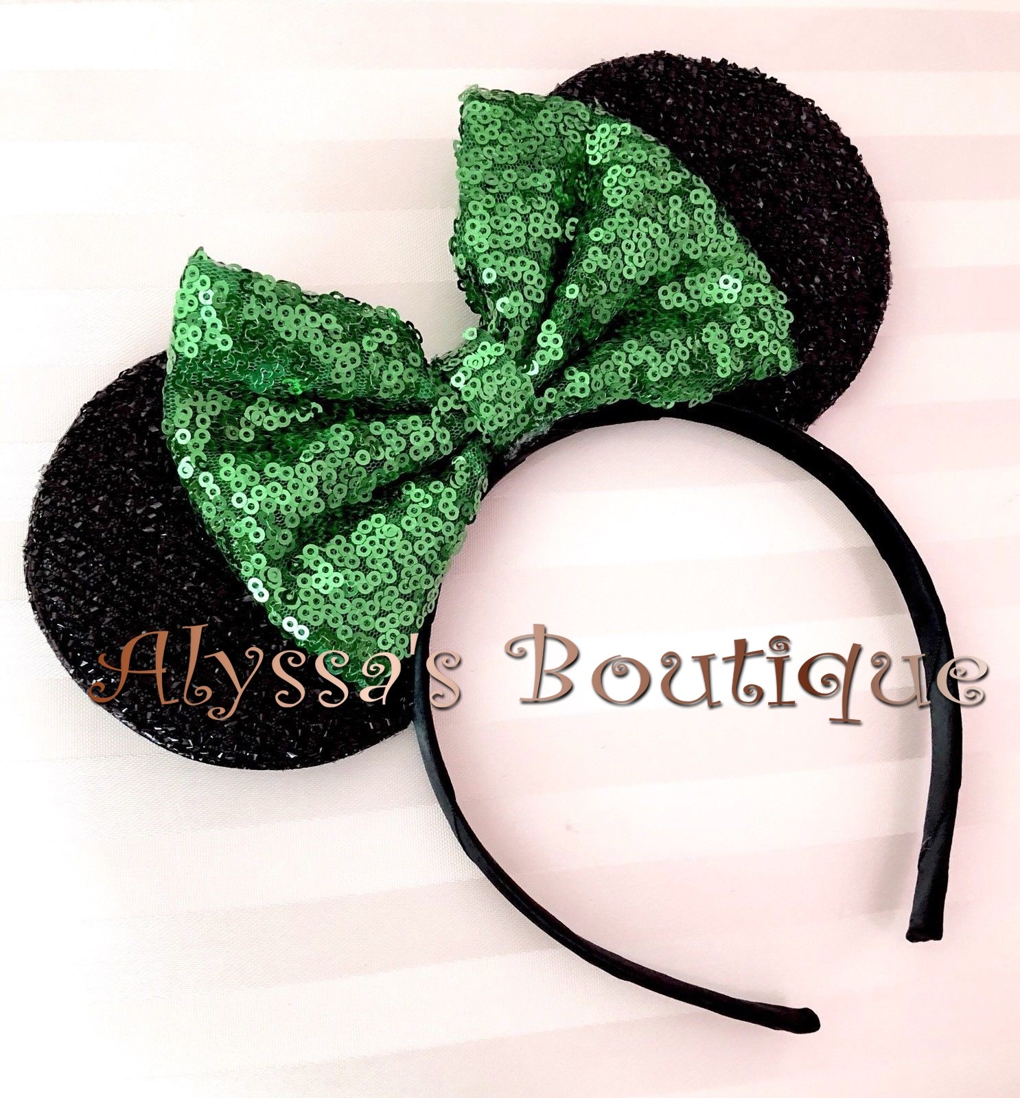 Minnie Mouse Ears Headband Shiny Black Sequin Dark Emerald Green Bow Birthday