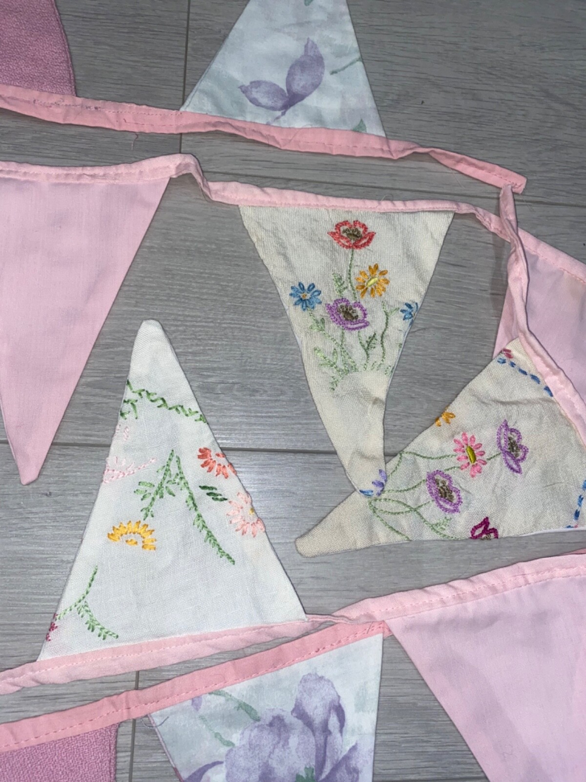 2 x Vintage Embroidered Sampler,Antique Bunting Pink,Tea Party,Nursery Art Deco