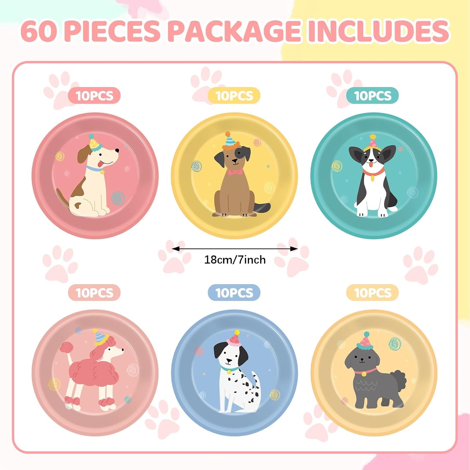 60pcs Pet Dog Birthday Party Supplies Vintage Puppy Paper Plates 7 Inch Retro