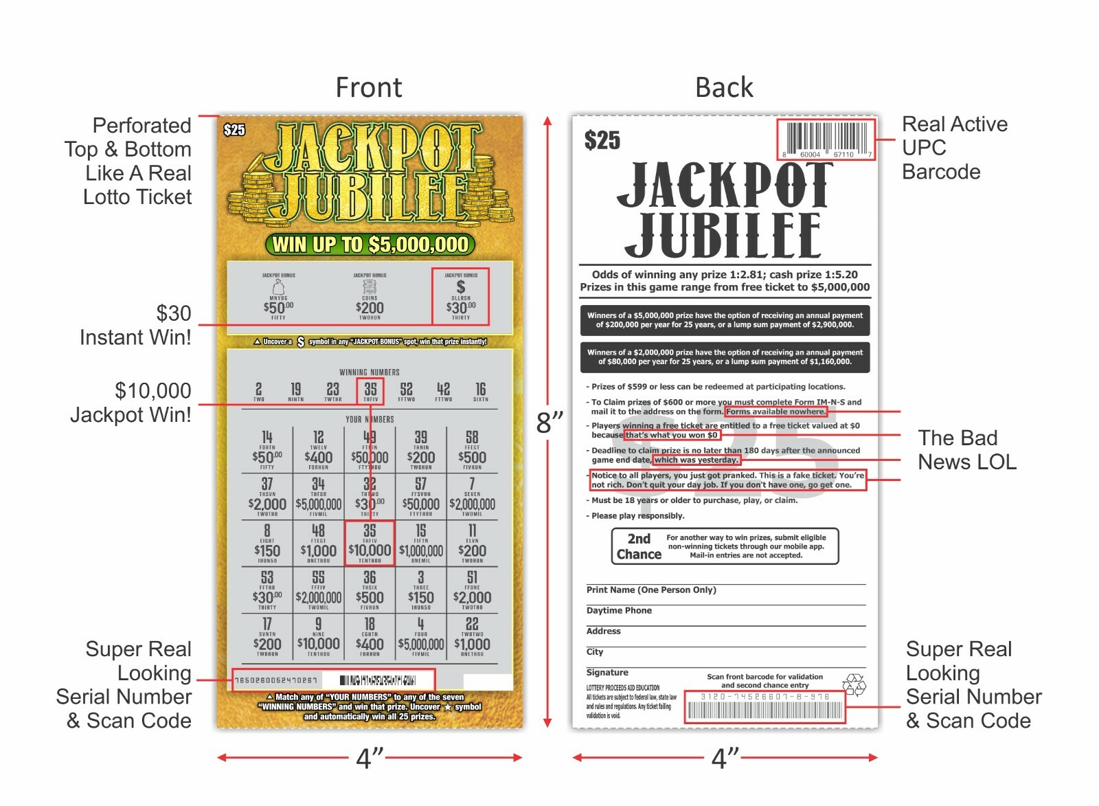 Prank Gag Fake Joke Lottery Tickets Lotto Scratch Off Cards 8 Tickets 4 of Each